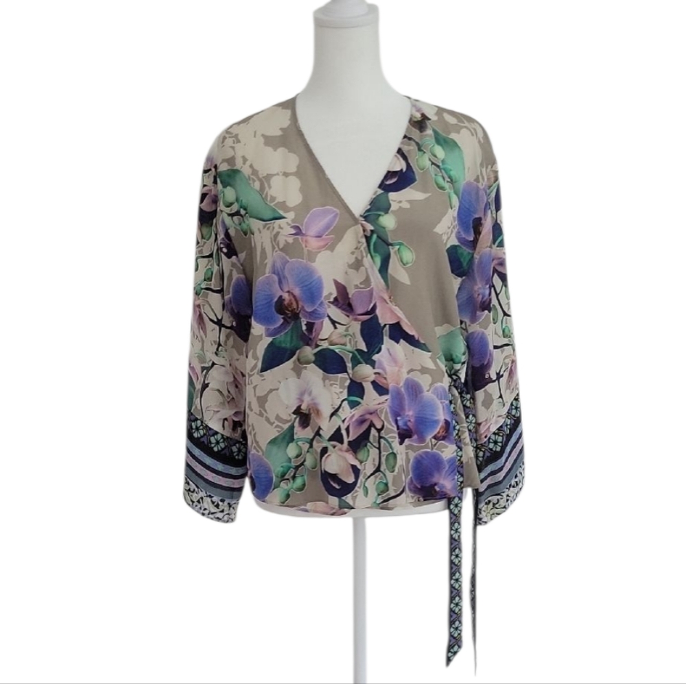 Hale Bob Orchid Print Silk Wrap Blouse Size XS - Picture 2 of 15